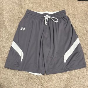 White and gray reversible Under Armor youth basketball shorts